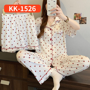 Setelan Piyama Wanita Motif Pita Korea Bergaris Manis Lengan Panjang Kerut Pinggang Elastis Foto Asli - Product Image 4