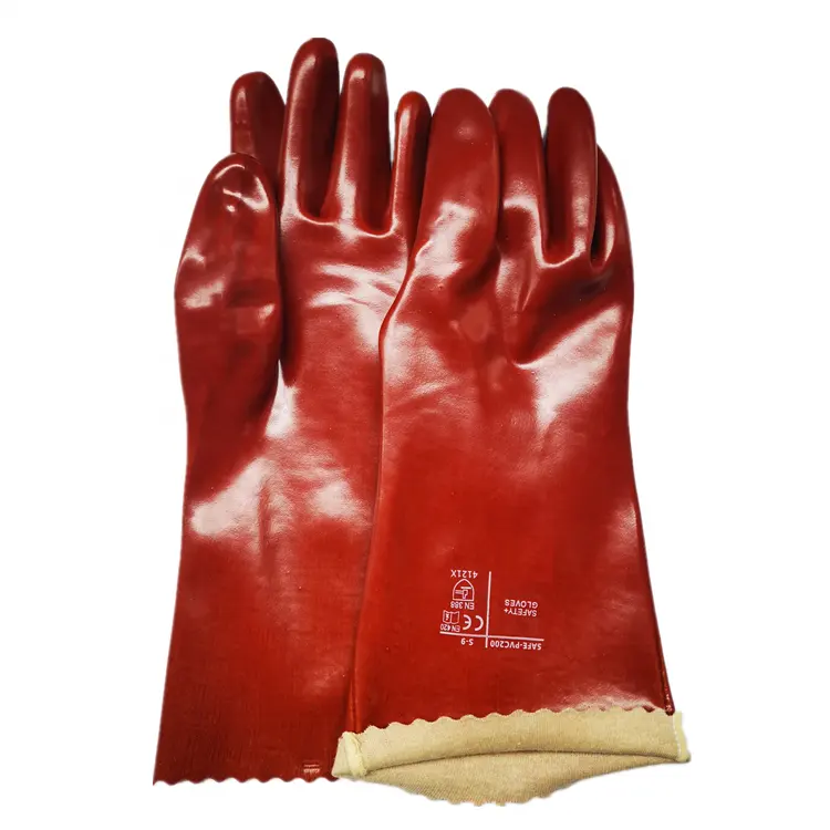 Acid alkali oil resistant chemical industrial Agricultural fishry hand safety 35cm Brown cotton lined Pvc dipped work gloves