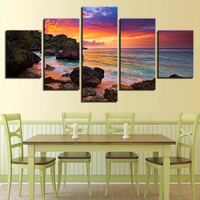Lukisan Kristal 5 Panel Modern Pemandangan Pantai Saat Matahari Terbenam untuk Dekorasi Dinding Ruang Tamu, Lanskap Tropis Pesisir, Dekorasi Rumah, Seni Dinding