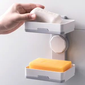 Bathroom punch free wall mounted double layer sponge drain rack dish plastic soap holder