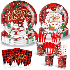 Juego de Vajilla Desechable para Cena Navideña, Platos de Papel con Diseño a Cuadros, Servilletas, Vasos, Tenedores, Cuchillos y Cucharas de Plástico para 10 Personas - Product Image 1