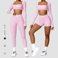 Femme 3 pièces Fitness sport tenues Gym Fitness ensemble évider à manches longues haut court et Legging ensembles haute élastique Yoga ensemble