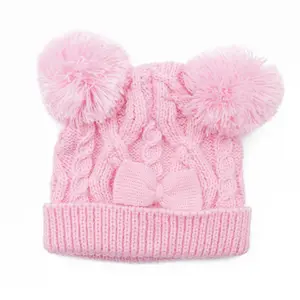 Topi Rajut Kabel Bayi Lucu, dengan Pompom Polar Garis Bulu Anak-anak Beanie Topi Bayi Perempuan Musim Dingin