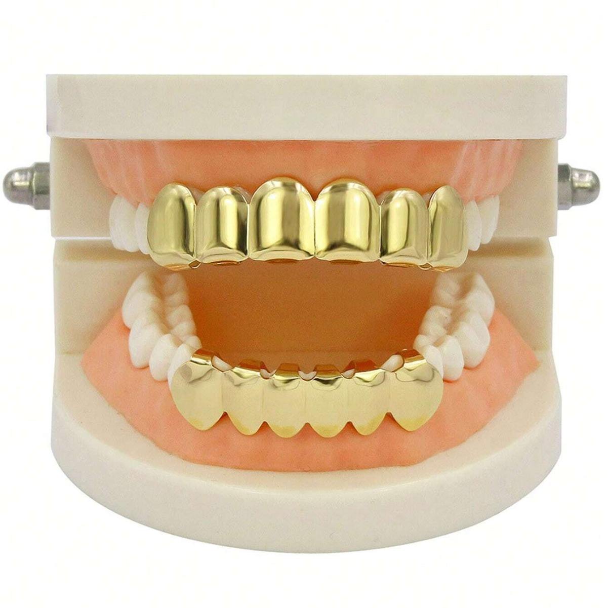 Hip Hop Smooth Gold Pieces Top and Lower Teeth Grillz for Men Women Teeth  Body Jewelry Set