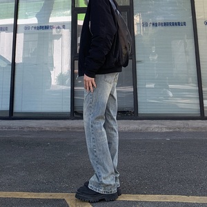 Jean Américain Rétro Coupe Droite Ample en Coton 100% de Haute Qualité Imprimé et Délavé, Respirant, Style Urbain, Pantalon Printemps-Automne - Product Image 1