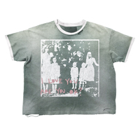 T-shirt en coton vert épais délavé style vintage avec impression DTG, bordure contrastante, effet usé et délavé au soleil, style streetwear
