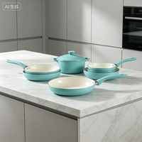Set Peralatan Masak Anti Lengket 6 Buah Warna Turquoise |   Panci, wajan, tutup kaca, pegangan tahan panas, aman untuk mesin pencuci piring, ramah lingkungan