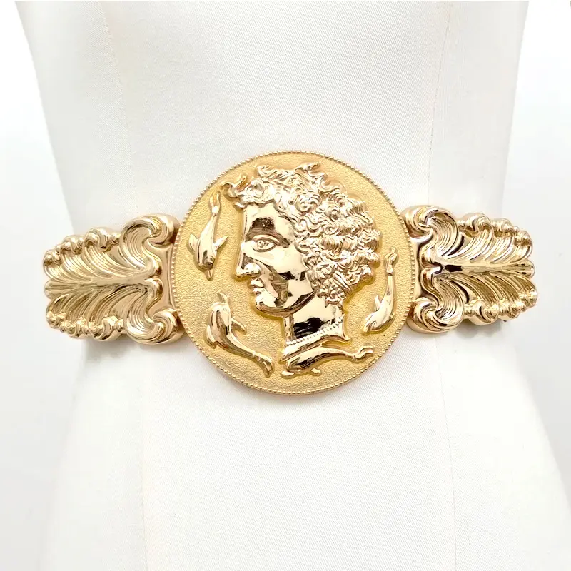 Gran oferta diseñador dorado elástico ajustado señora cuerpo Cinch cinturones fuerza elástica Vintage Metal cinturón dorado para mujer