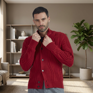 Men's Winter Cardigan Braided Buttons Sweater Long Sleeves Cashmere Merino <b>Wool</b> Anti-Pilling Made Italy Turtleneck Single Button - Product Image 3