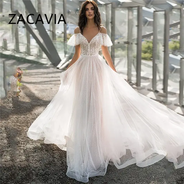 Zacavia Beach Wedding Dress Bohemian Lace Bridal Dress Backless Spaghetti Straps V Neck Wedding Gowns