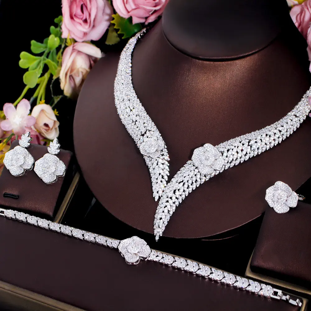 4 Pcs Full Dubai Cubic Zirconia Pave Flower Bridal Big Necklace Earring Bracelet Luxury Wedding Costume Jewelry Sets for Women