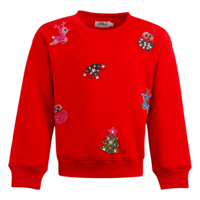 Sweat-shirt rouge d'automne pour filles, avec perles, sequins et patchs brodés, doublure polaire, col rond, haut de fête pour enfants