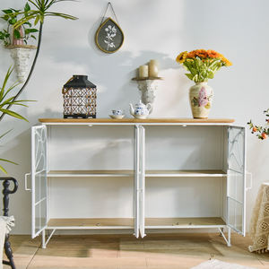 INNOVA Modern Accent Dining Room Storage Buffet Cabinet White Metal Iron Frame <b>Wooden</b> Top Durable Easy Assembly Home Sideboard - Product Image 3