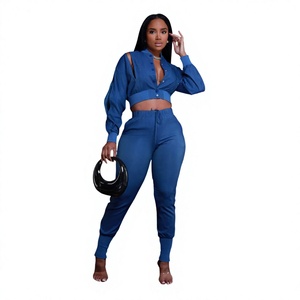 Wholesale <b>Women</b> 2 Piece Matching <b>Outfits</b> Long Sleeve Cold Shoulder Cropped Jacket High Waist Elastic Sweatpants Lounge Set - Product Image 1