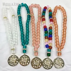 MU48137 Colored Glaze Glass Crystal Round Shape Pendant With CZ Paved Gold Plated Allah Muhammad Prayer Beads 33 Tasbih