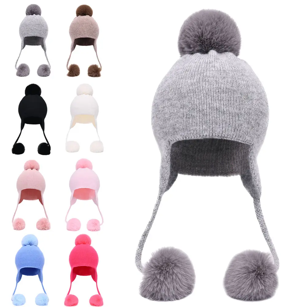 Custom Knit Hat Low moq Cashmere Wool Knitted Hat Lovely Children Beloved Autumn Faux Fur pompom Customizable Kid Hats