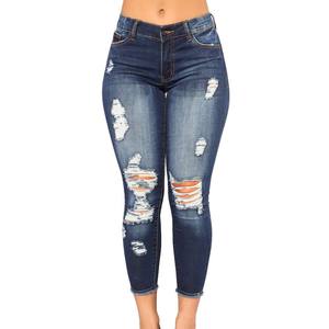 Venta al por mayor de alta calidad de las mujeres flaco adelgazamiento Denim Jeans desgastado ahueca hacia fuera mono lavado Streetwear Jeans - Product Image 1