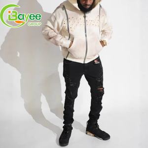 Fabricants de vêtements Streetwear Broderie personnalisée Vintage Acid Wash French Terry Distressed Rhinestone Zip up Hoodie pour hommes - Product Image 4