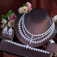 Parure de bijoux de luxe 4 pièces pour femme, collier fleuri multicouche triple 3 couches, boucles d'oreilles à pampilles, style mariée du Moyen-Orient, grande parure de mariage