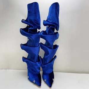New Colors Metal Rivets Loose Pleated Upper <b>Shoes</b> Thin High Heels Pointed Toe Long Boots Women's Wide Fit Knee High Booties - Product Image 3