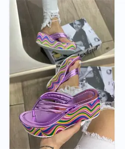 BUSY GIRL LQ4633 Flip-flop For Women And Ladies Wedge Heels Ladies Patent Leather Rainbow Platform Sandals Women Flip Flops