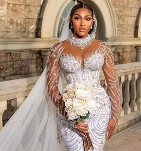 AL1633 2032 modeste robe de mariée de luxe élégante grande taille robe de mariée fente manuelle perle broderie florale dentelle cristal appliques - Product Image 5