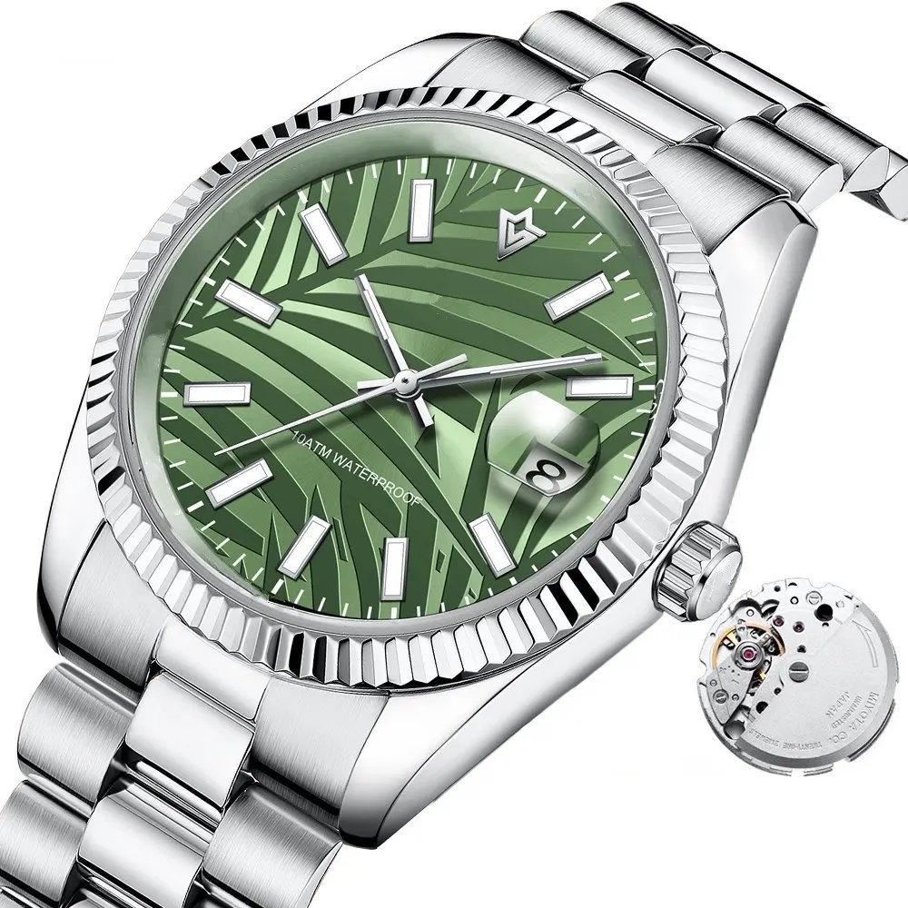 Gratis Monster Mannen Mechanisch Horloge Olijfgroen Palm Motief Wijzerplaat Topmerk Luxe Automatische Horloge Waterdicht Cadeau Horloge Voor Mannen
