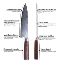Ensemble de 6 couteaux de cuisine en acier Damas avec manches bimatières (acier inoxydable S430 et bois Pakka), ultra-affûtés et ambidextres