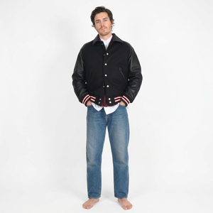 FINER THREADS Black Coated 100% Cotton Winter Breathable Varsity <b>Jacket</b> <b>Men</b> Stand Classic Bomber Style Outerwear Striped Ribbed - Product Image 1
