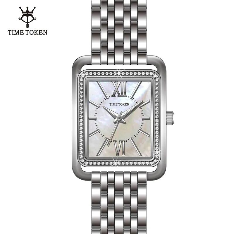 Time Token Luxury Ladies Diamond Stainless Steel Wristwatch Japan Movement Manufacturer Silver Waterproof Women Quartz Watch