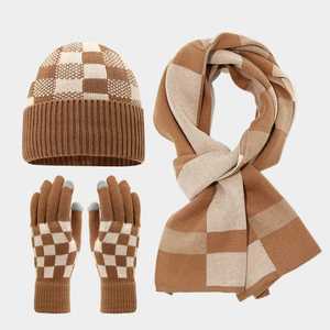 Korean Style Winter Outdoor Plaid Knitted Warm Cold Proof Scarf Gloves Beanie Hat Suit - Product Image 1