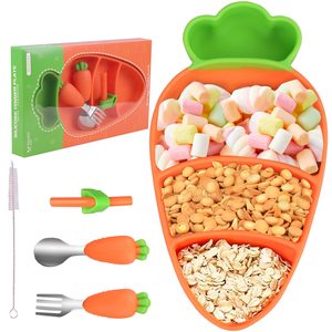 Assiette à repas en Silicone pour bébé, bol à carottes en acier inoxydable 304 fourchette cuillère vaisselle en Silicone ensemble d'alimentation pour bébé - Product Image 1