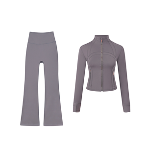 <span class=keywords><strong>2</strong></span> 件套女式瑜伽服立领金色拉链夹克喇叭裤修身透气运动服户外运动服 - Product Image 4