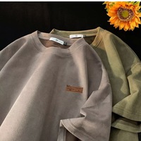 T-shirt décontracté rétro américain pour homme, col rond, manches courtes, en suède tricoté lourd et ample, avec logo imprimé sur le devant