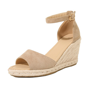Unisex Wedges Sandals Open Toe Suede Back <b>Strap</b> <b>Buckle</b> Summer Breathable Straw Outsole - Product Image 4