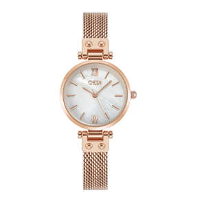 Montre pour femme de style artistique, petit cadran en nacre, bracelet en maille d'acier inoxydable, montre-bracelet à quartz étanche - Product Image 4