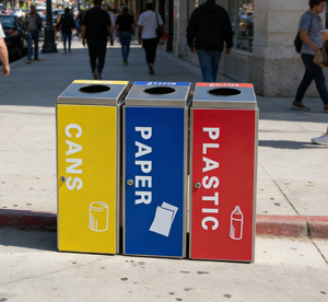 Poubelle <span class=keywords><strong>de</strong></span> tri des déchets à 3 compartiments configurable, jaune et rouge, pour restaurant intérieur, tri triple, avec séparation - Product Image 6