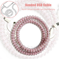 Câble de données USB Type C 4 en 1 imprimé à carreaux roses avec perles pour téléphone portable, écouteurs, ordinateur portable