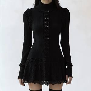 Nouveautés 2026 Robes en dentelle pour femmes <span class=keywords><strong>Pull</strong></span> personnalisé à manches longues Col rond Noir Vintage <span class=keywords><strong>Gothique</strong></span> Mini <span class=keywords><strong>robe</strong></span> en tricot - Product Image 4