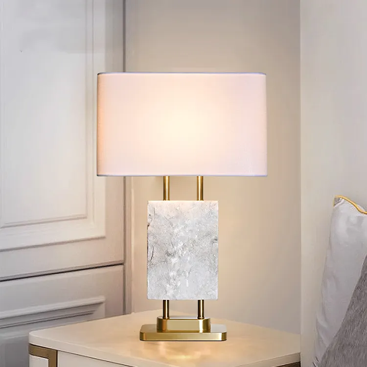 Lámpara de mesa de mármol travertino con pantalla de arpillera para dormitorio, vestíbulo decorativo de arte interior moderno para sala de estar