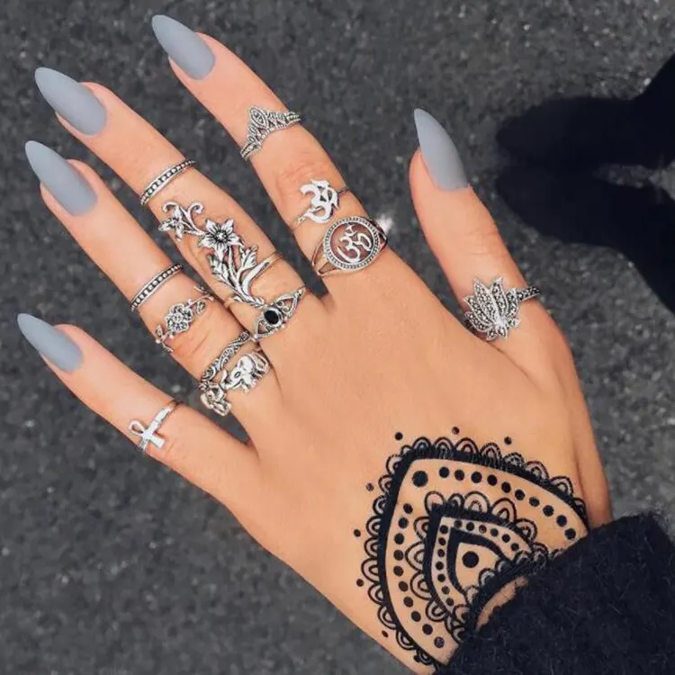 ชุดแหวนนิ้วสำหรับผู้หญิง,แหวนช้างโบฮีเมียนดอกไม้สีทองเงินโบฮีเมียน12ชิ้น/เซ็ต