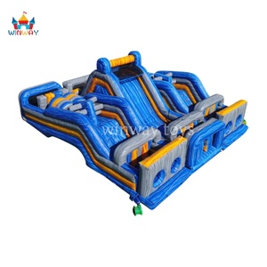 Parcours d'obstacles gonflable commercial modulaire en PVC bleu et jaune, 3 unités, 123x8x18 pieds, garantie 3 ans, comprend une pompe et des kits de réparation pour - Product Image 2