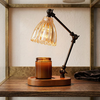 180 °   Verstellbarer Wachswärmer mit schwarzem Eisenarm, schillernder gewellter Glasschirm, Holzsockel-Kerzenheizgerät für das Schlafzimmer