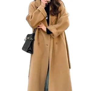 Korean Fashion Casual Loose Woolen Coat Elegant Chic Outerwear Overcoat With Belted Female Warm Cloak For Women Long