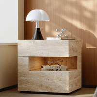 Table de chevet flottante moderne en bois massif Travertin Wabi-Sabi avec éclairage intégré et rangement 2 tiroirs - Meilleure vente pour chambre à coucher