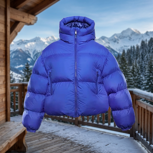 Blouson d'hiver rembourré en duvet bleu à capuche unisexe décontracté épais avec fermeture éclair coupe courte ample couleur unie en polyester - Product Image 3