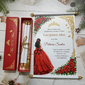Invitaciones de Quinceañera Vintage en Dorado y Rojo con Borlas, Caja de Invitaciones con Impresión Dorada para Fiesta de Bodas, Invitaciones Enrollables - Product Image 2