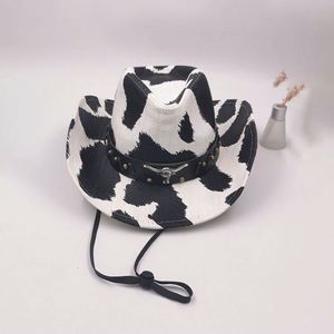 Retro Western Cowgirl Cowboy <b>Hat</b> Cow Pattern Style Straw <b>Hats</b> White Wide Brim <b>Hat</b> - Product Image 5