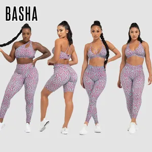 BASHAsports新款紫色蛇纹缝制瑜伽连衣裙高腰印花瑜伽裤运动漂亮背套健身女