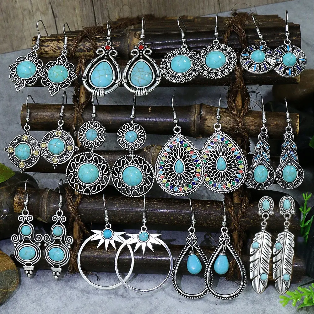 Boucles d'oreilles pendantes géométriques rétro bohême boucles d'oreilles turquoise boucles d'oreilles pour femmes vente en gros et en ligne